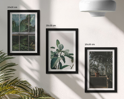 Triptyk tavla med ram Gröna blad på fönstret och växter inuti