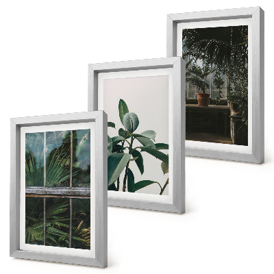 Triptyk tavla med ram Gröna blad på fönstret och växter inuti