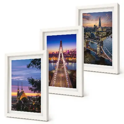 Posterpaket stadsutsikt med broar och solnedgång