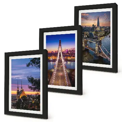 Posterpaket stadsutsikt med broar och solnedgång