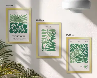 Tavelvägg med 3 tavlor med motiv av gröna blad och växter i olika former