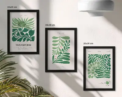 Tavelvägg med 3 tavlor med motiv av gröna blad och växter i olika former
