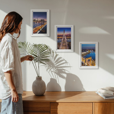 Triptyk tavla med ram Nattvyer över städer med broar och floder