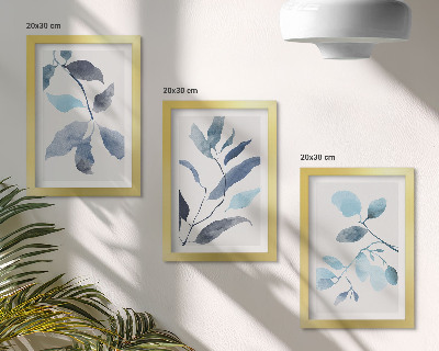 Triptyk tavla med ram Blå blad på en ljus bakgrund, akvarellstil