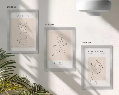 Triptyk tavla med ram linjära silhuetter av kvinnor i minimalistisk stil