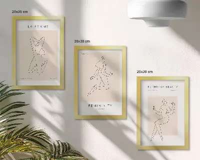 Triptyk tavla med ram linjära silhuetter av kvinnor i minimalistisk stil
