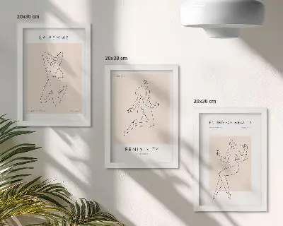Triptyk tavla med ram linjära silhuetter av kvinnor i minimalistisk stil