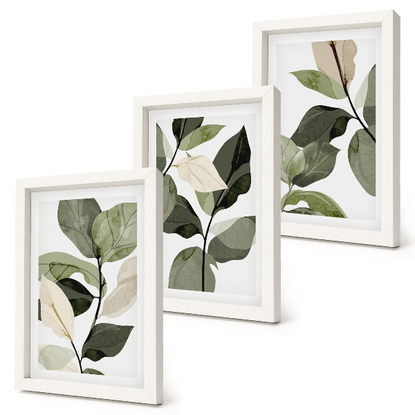 Triptyk tavla med ram Målade fina boho växtblad
