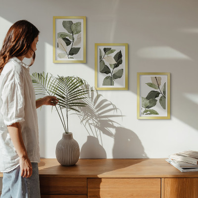 Triptyk tavla med ram Målade fina boho växtblad