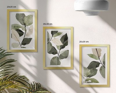 Triptyk tavla med ram Målade fina boho växtblad
