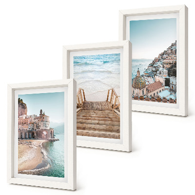 Tavelvägg med 3 tavlor Sommarpastellvyer med havsarkitektur och strand