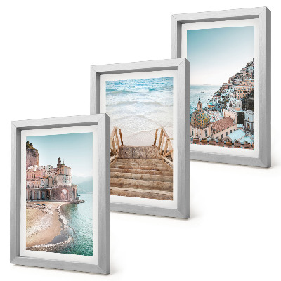 Tavelvägg med 3 tavlor Sommarpastellvyer med havsarkitektur och strand