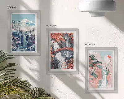 Triptyk med ram vattenfall i bergen med bro och blommande träd