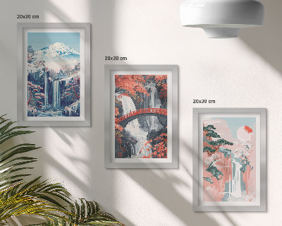 Triptyk tavla med ram Vattenfall i bergen med en bro och blommande träd