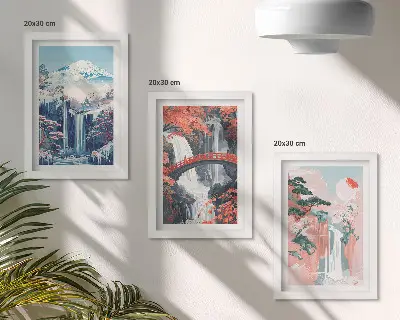 Triptyk med ram vattenfall i bergen med bro och blommande träd