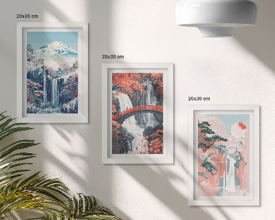 Triptyk tavla med ram Vattenfall i bergen med en bro och blommande träd
