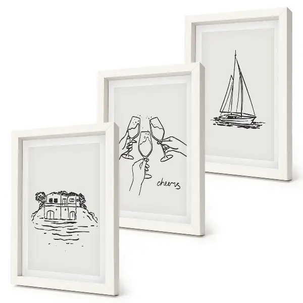 Posterpaket utsikt över huset vid vattnet, rostat bröd med glasögon och segelbåt