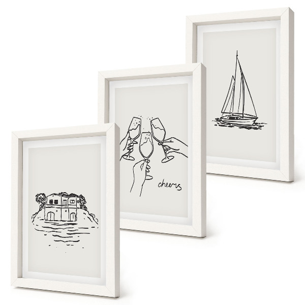 Posterpaket Utsikt över huset vid vattnet, rostat bröd med glasögon, segelbåt