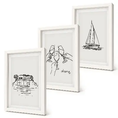 Posterpaket utsikt över huset vid vattnet, rostat bröd med glasögon och segelbåt