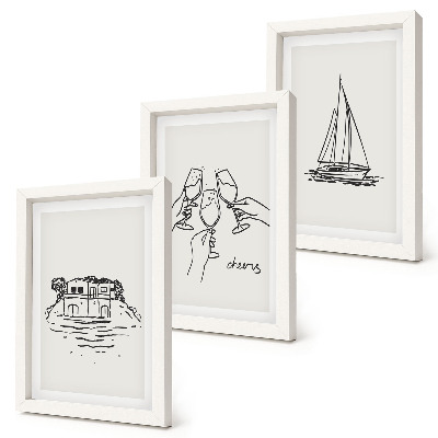 Posterpaket Utsikt över huset vid vattnet, rostat bröd med glasögon, segelbåt