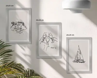 Posterpaket utsikt över huset vid vattnet, rostat bröd med glasögon och segelbåt