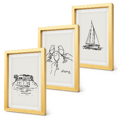 Posterpaket Utsikt över huset vid vattnet, rostat bröd med glasögon, segelbåt