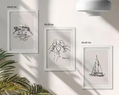 Posterpaket utsikt över huset vid vattnet, rostat bröd med glasögon och segelbåt