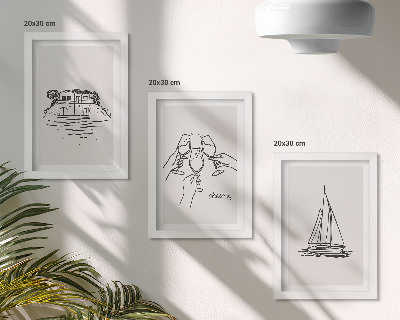 Posterpaket Utsikt över huset vid vattnet, rostat bröd med glasögon, segelbåt