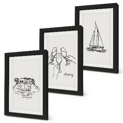 Posterpaket utsikt över huset vid vattnet, rostat bröd med glasögon och segelbåt