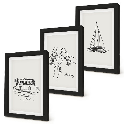 Posterpaket Utsikt över huset vid vattnet, rostat bröd med glasögon, segelbåt