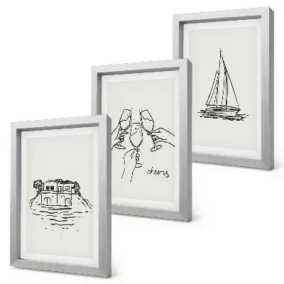 Posterpaket utsikt över huset vid vattnet, rostat bröd med glasögon och segelbåt