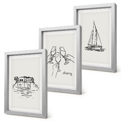 Posterpaket Utsikt över huset vid vattnet, rostat bröd med glasögon, segelbåt