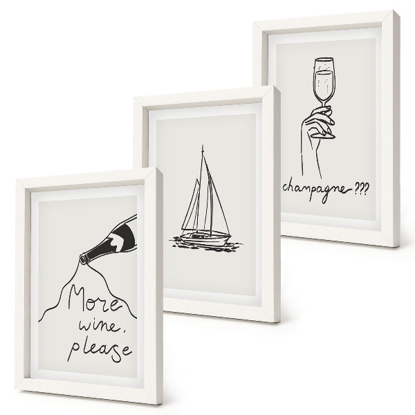 Triptyk tavla med ram Vin segelbåt champagneglas linjär stil