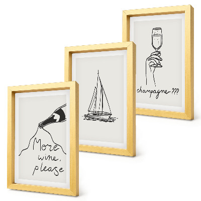 Triptyk tavla med ram Vin segelbåt champagneglas linjär stil