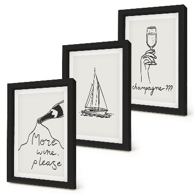 Triptyk tavla med ram Vin segelbåt champagneglas linjär stil