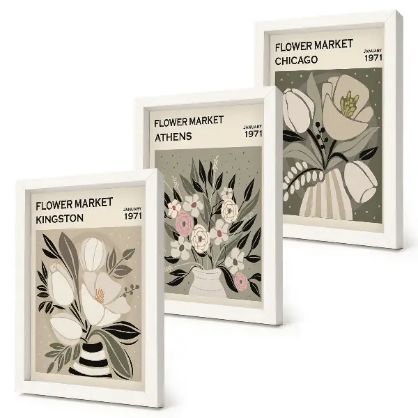Triptyk tavla med ram blomsterarrangemang i retrostil med motiv från olika städer