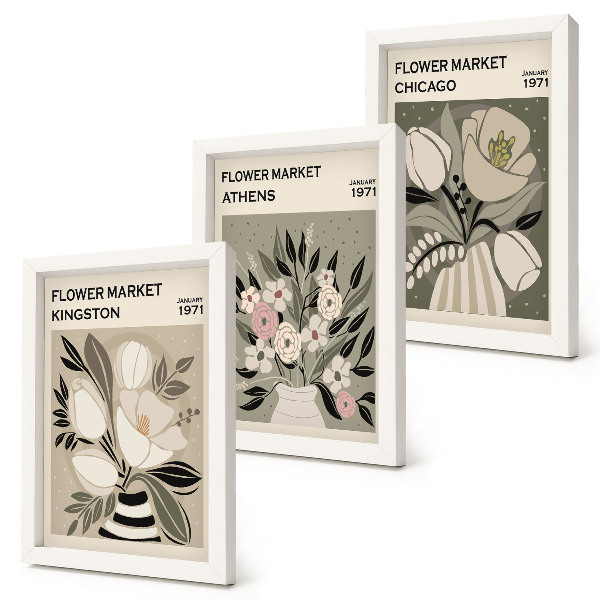 Triptyk tavla med ram Retrostilsblomsterarrangemang från olika städer