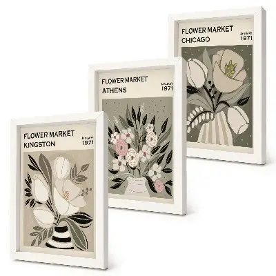Triptyk tavla med ram blomsterarrangemang i retrostil med motiv från olika städer