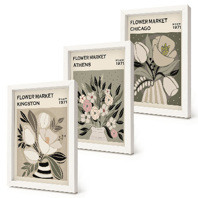 Triptyk tavla med ram Retrostilsblomsterarrangemang från olika städer