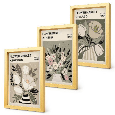 Triptyk tavla med ram Retrostilsblomsterarrangemang från olika städer
