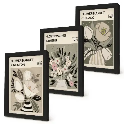 Triptyk tavla med ram blomsterarrangemang i retrostil med motiv från olika städer
