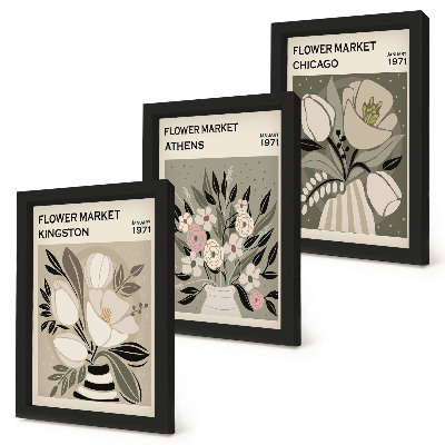 Triptyk tavla med ram Retrostilsblomsterarrangemang från olika städer
