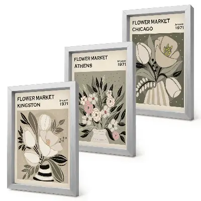 Triptyk tavla med ram blomsterarrangemang i retrostil med motiv från olika städer
