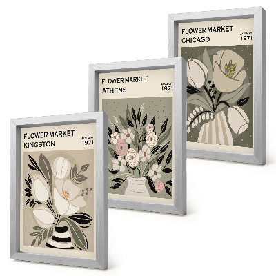 Triptyk tavla med ram Retrostilsblomsterarrangemang från olika städer