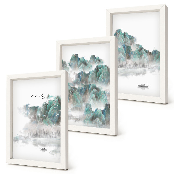 Triptyk tavla med ram Berg i molnen med fåglar och en båt på vattnet japandi