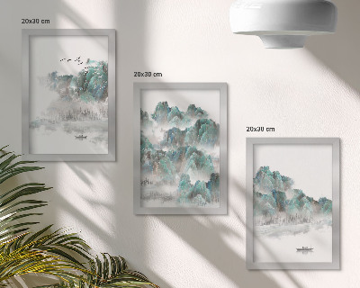 Triptyk tavla med ram Berg i molnen med fåglar och en båt på vattnet japandi