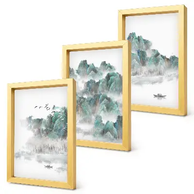 Triptyk med ram berg i molnen med fåglar och båt i japandistil