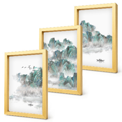 Triptyk tavla med ram Berg i molnen med fåglar och en båt på vattnet japandi