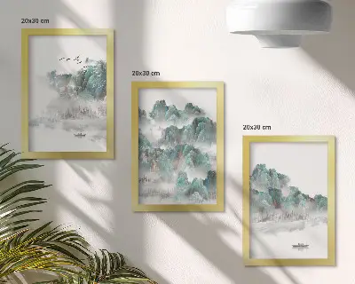 Triptyk med ram berg i molnen med fåglar och båt i japandistil