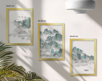 Triptyk tavla med ram Berg i molnen med fåglar och en båt på vattnet japandi
